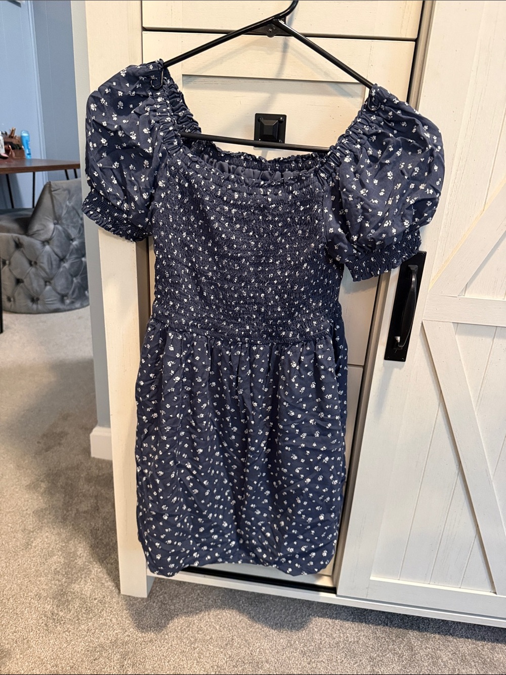 GAP Navy Floral Smocked Puff-Sleeve Mini Dress